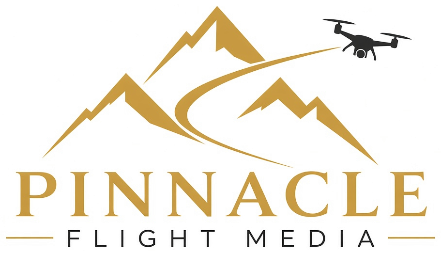 Pinnacle Flight Media logo: gold mountain peaks with a drone flight path